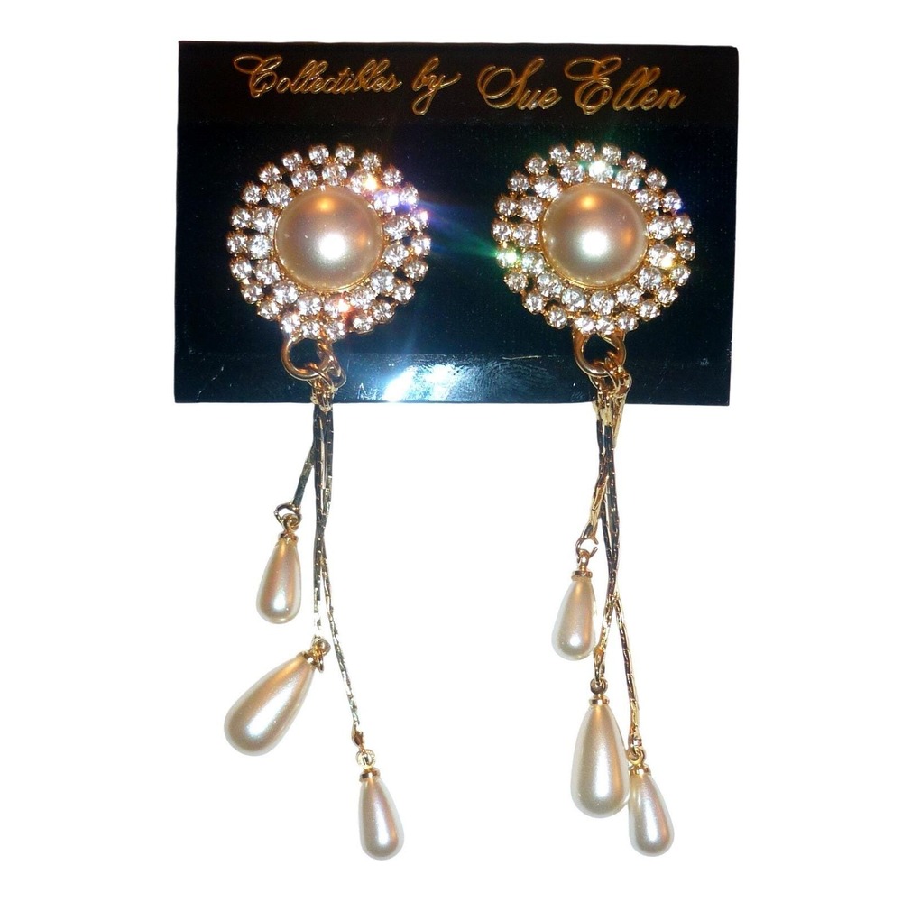 Vintage NOS Collectibles by Sue Ellen Faux Pearl Rhinestone Dangle Clip Earrings